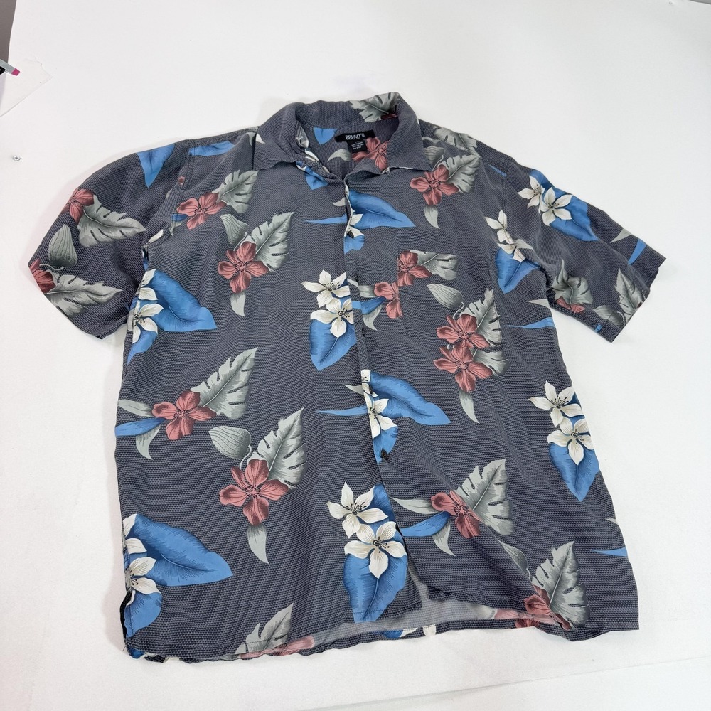 Bruno Hawaiian Shirt Mens Large Gray 100% Silk Floral Aloha Short Sleeve Button